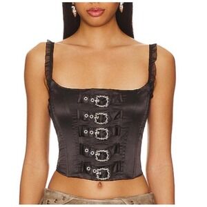 Zemeta Black Lock Me Up Satin Buckle Velvet Tie Ruffle Strap Corset Top - Medium